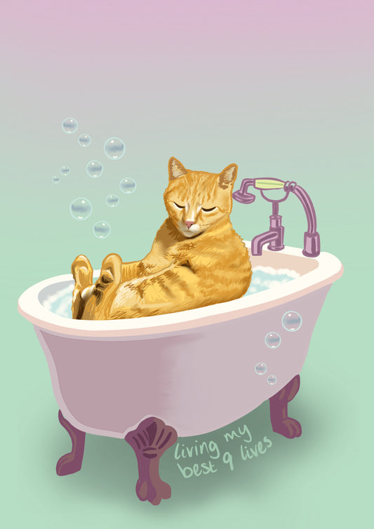 Living my best 9 Lives Orange Cat Bath Tub Print