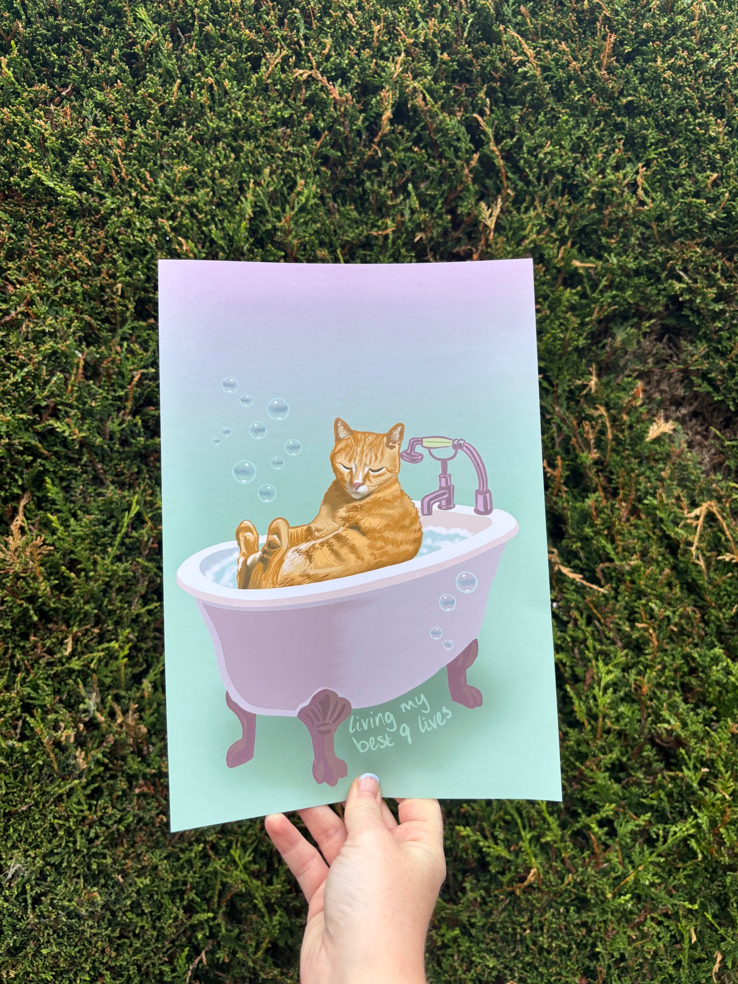 Living my best 9 Lives Orange Cat Bath Tub Print